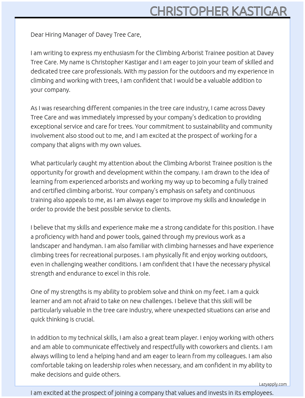 Climbing arborist trainee At Davey tree care Cover Letter
