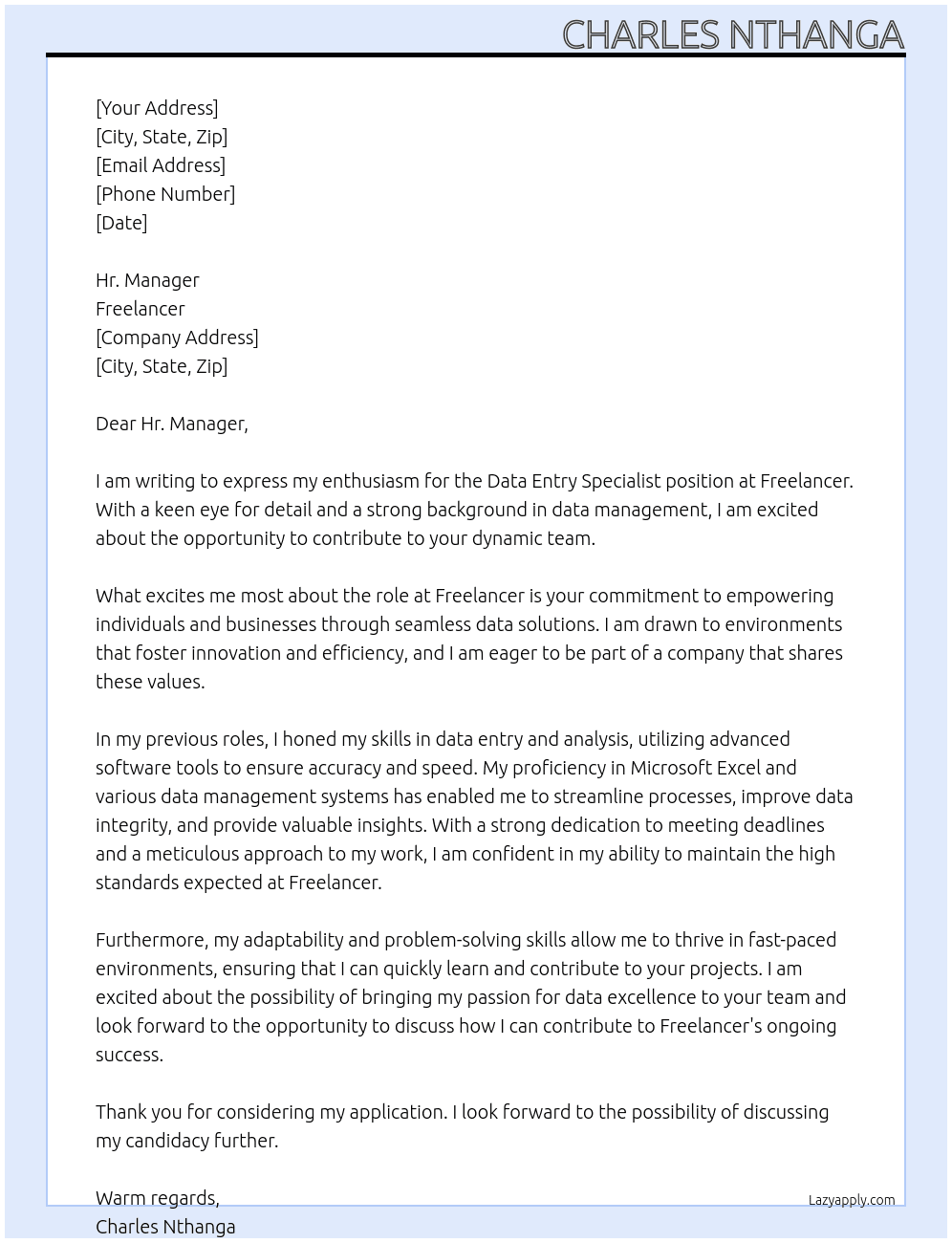 Data entry specialist At Freelancer Cover Letter
