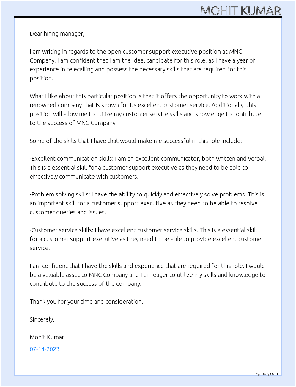 Coustmer support executive  At MNC COMPANY  Cover Letter