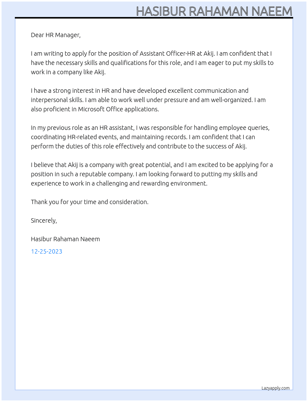 Assistant Officer-HR At Akij  Cover Letter