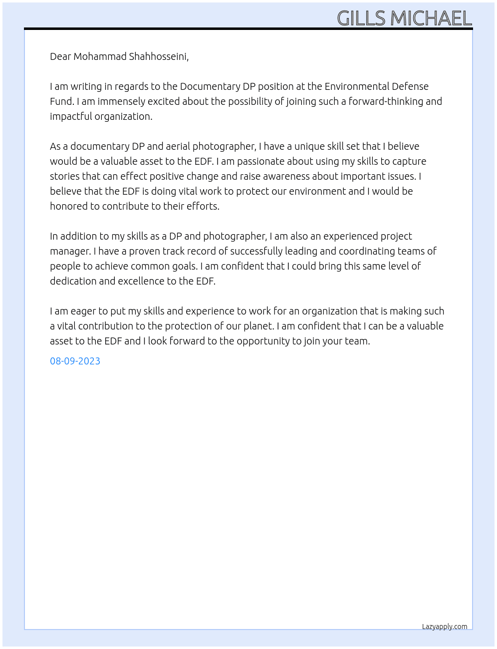 Documentary DP At Environmental Defense Fund Cover Letter
