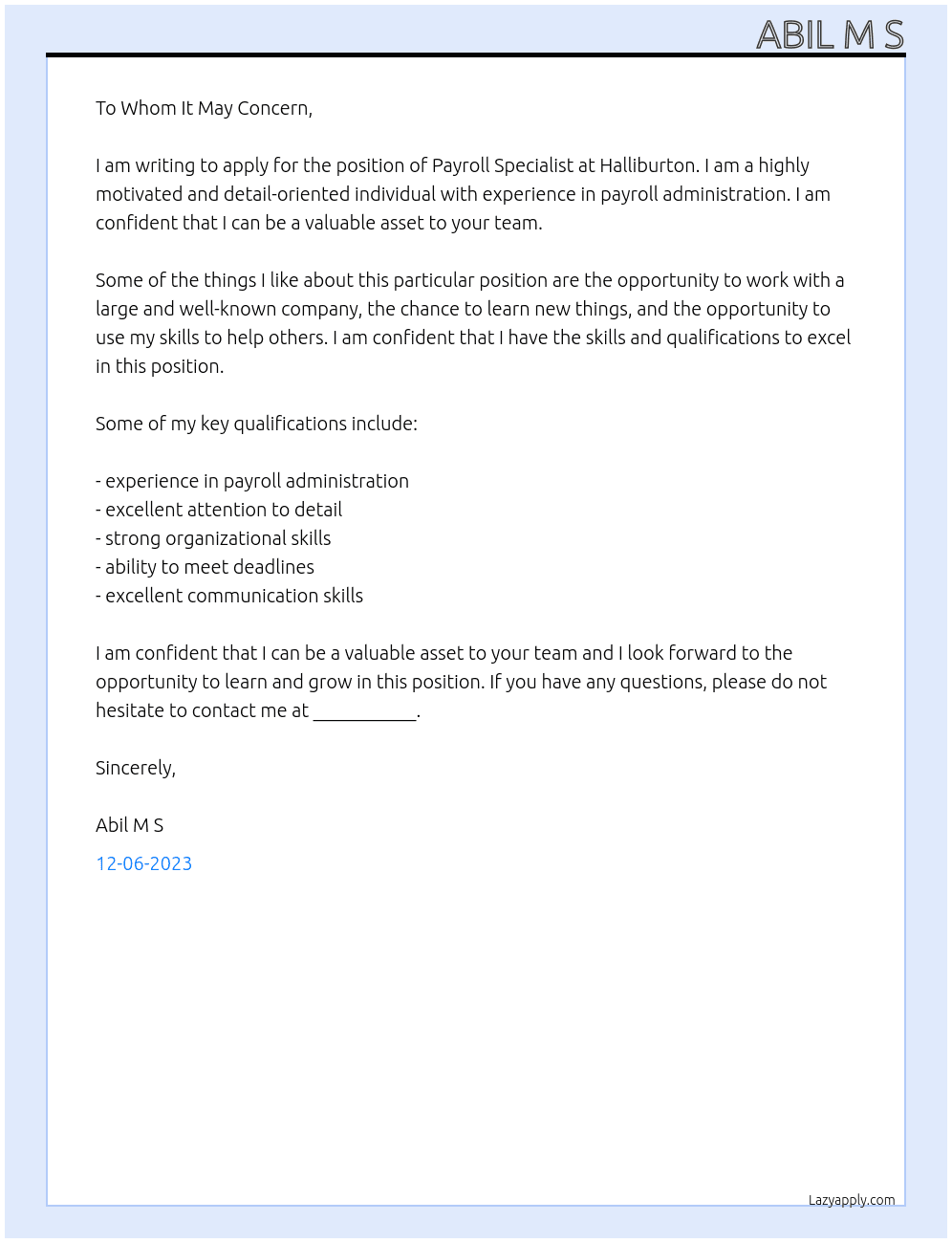 Payroll Specialist At ABIL M S Cover Letter