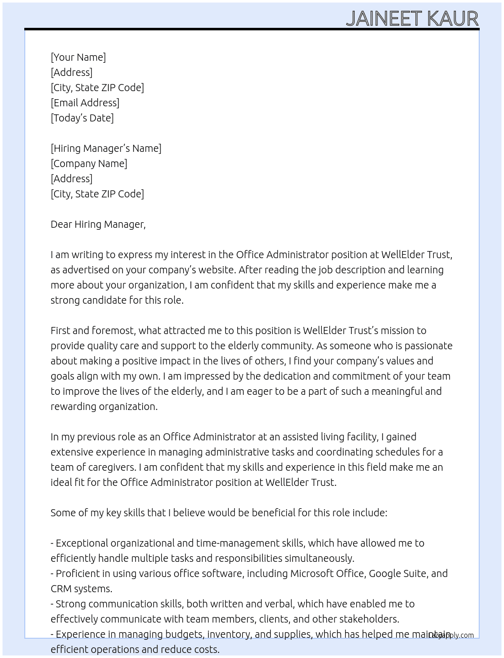 OFFICE ADMINISTRATOR  At WellElder Trust Cover Letter