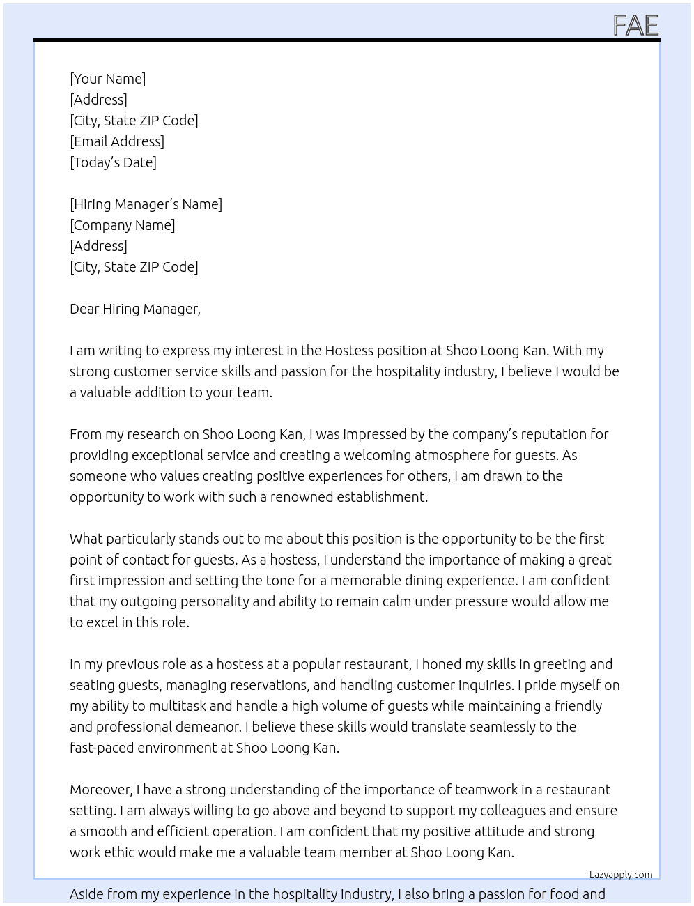 Hostess At Shoo Loong Kan Cover Letter