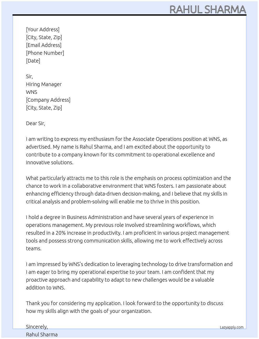 Associate operations At WNS Cover Letter