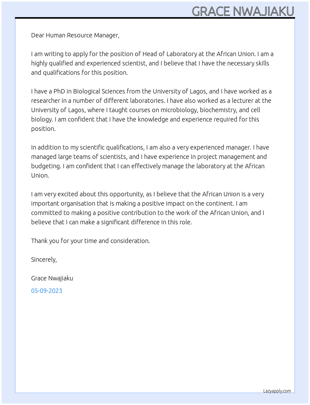 Head of Laboratory At Human Resource Manager Cover Letter