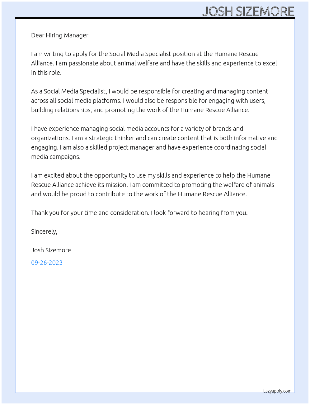 Social Media Specialist At Humane Rescue Alliance Cover Letter