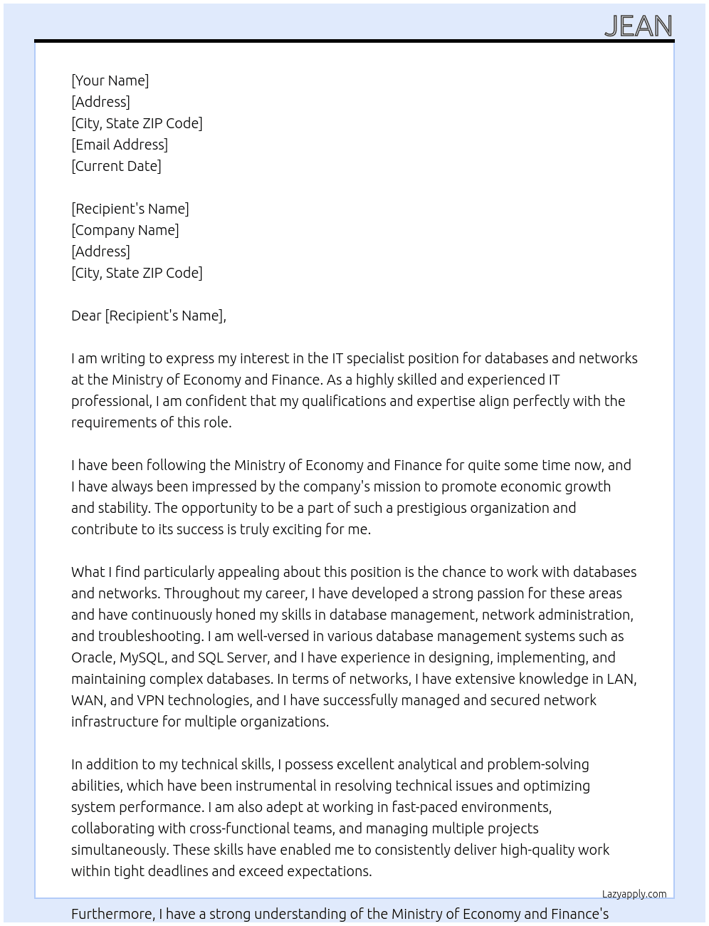 IT specialist (databases, networks) At Ministry of Economy and Finance Cover Letter