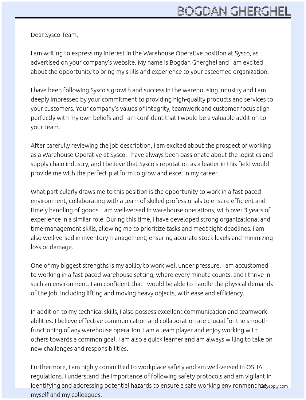 warehouse operative At Sysco Cover Letter