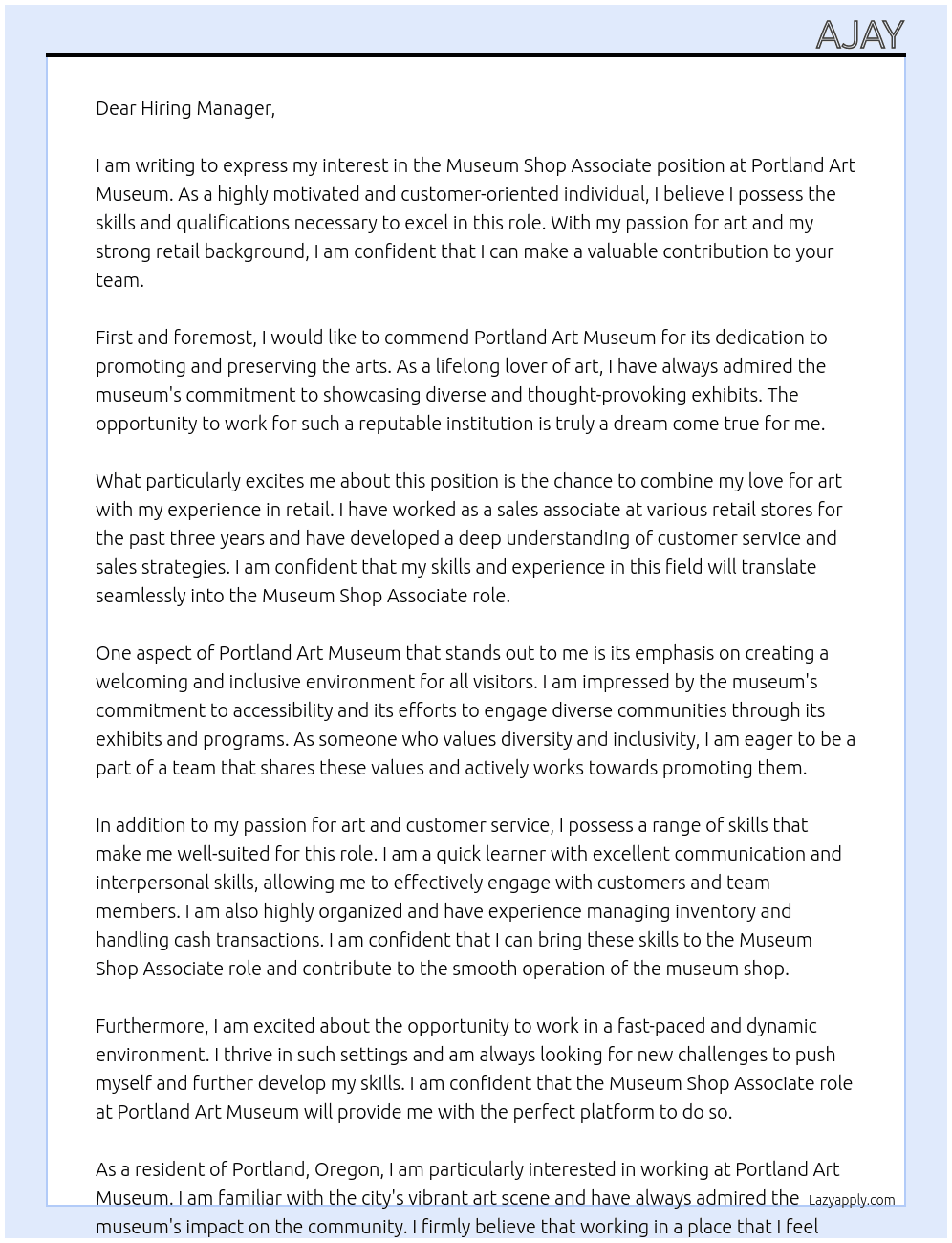 Museum shop associate At Portland art museum  Cover Letter