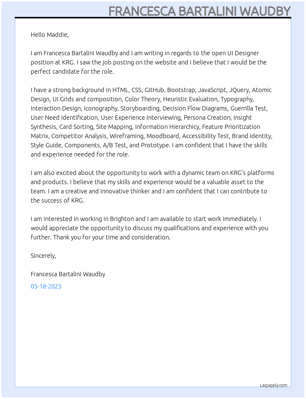 UI Designer At KRG Cover Letter
