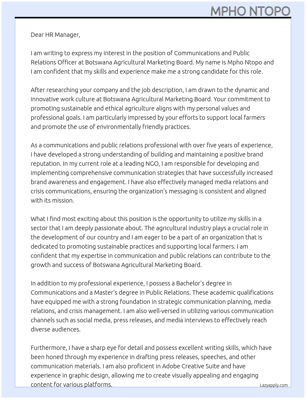 communications and public relations officer At Botswana Agricultural Marketing Board Cover Letter