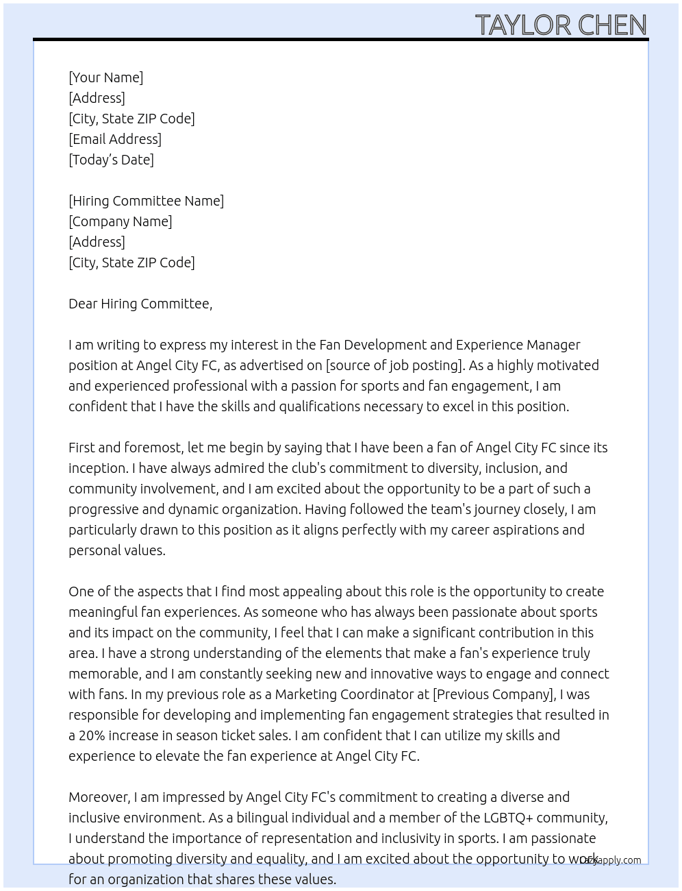 Fan development and experience manager At Angel City FC Cover Letter