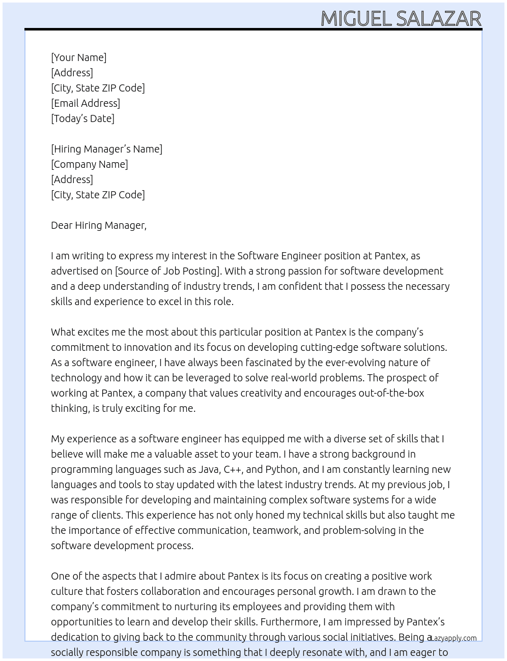 Software Engineer At Pantex Cover Letter