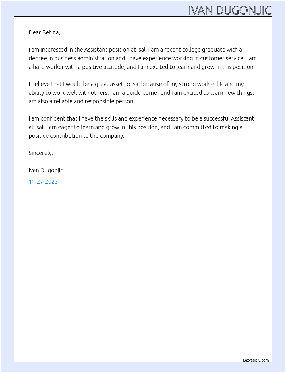 Assistant At Isal Cover Letter