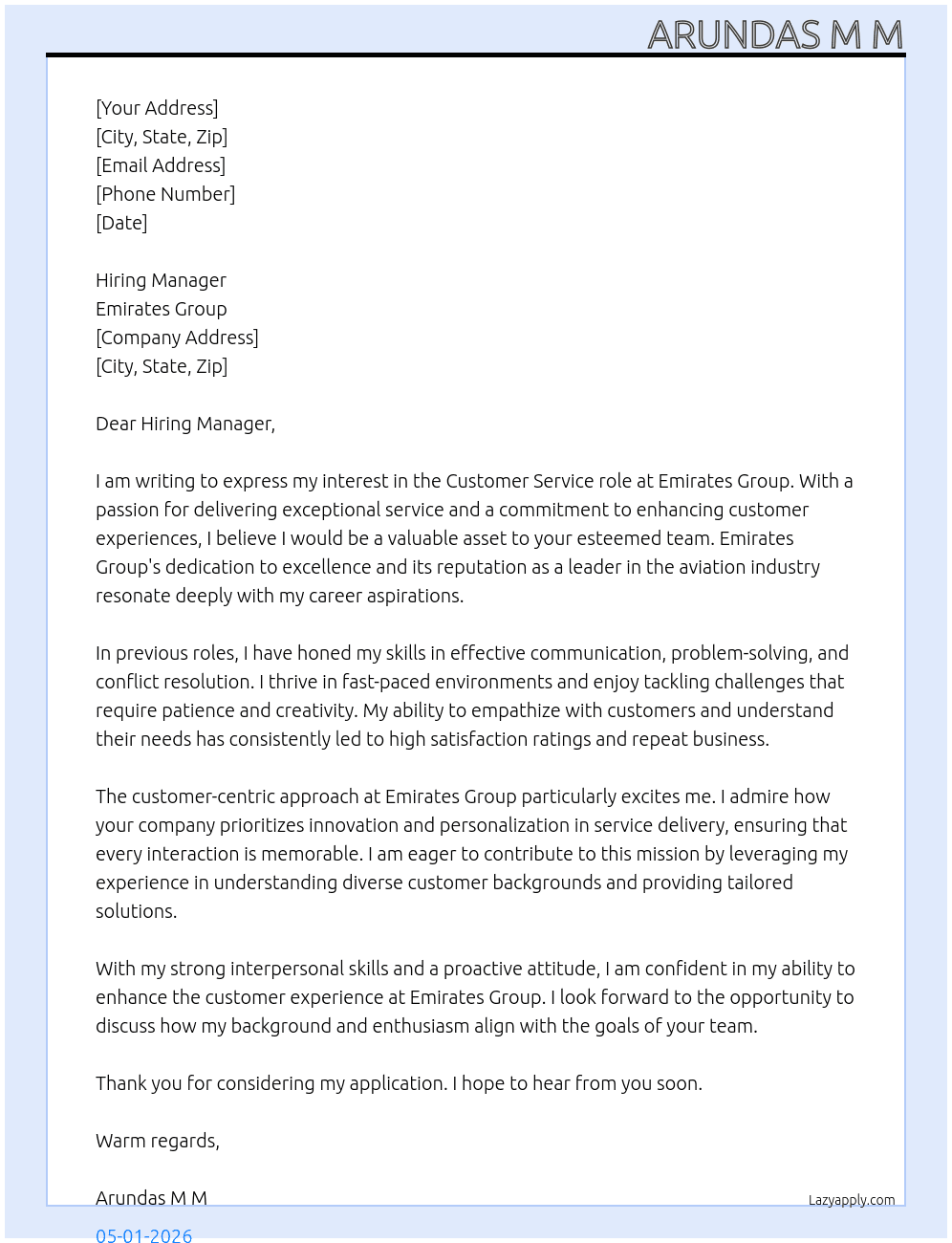 Customer Service Roles At Emirates Group Cover Letter