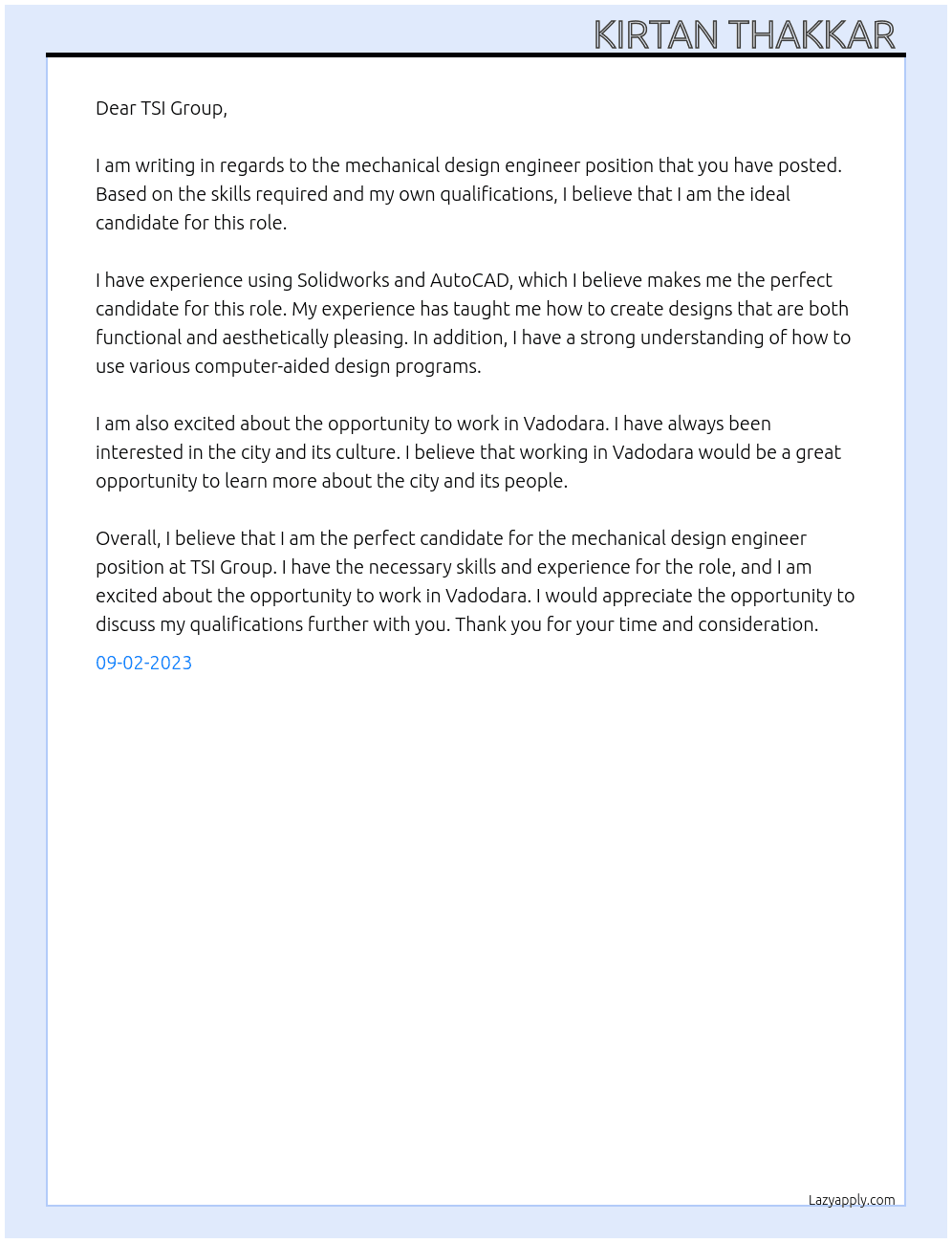 Mechanical design engineer  At TSI GROUP  Cover Letter