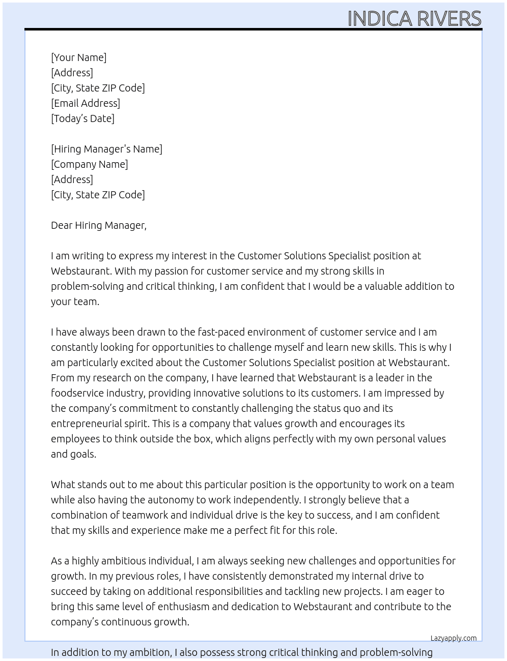 Customer Solutions Specialist  At Webstaurant Cover Letter