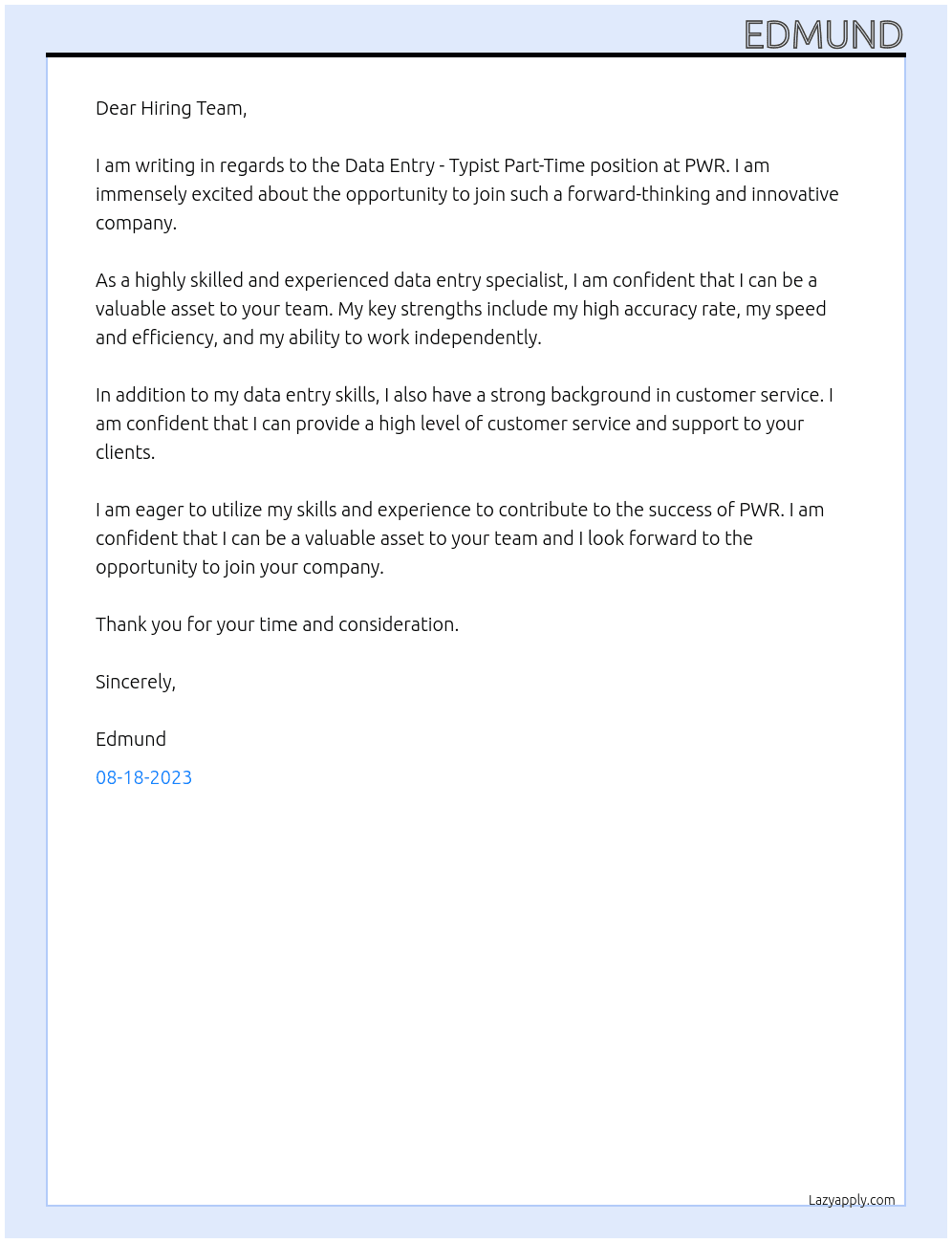 Data Entry - Typist Part-Time At PWR Cover Letter