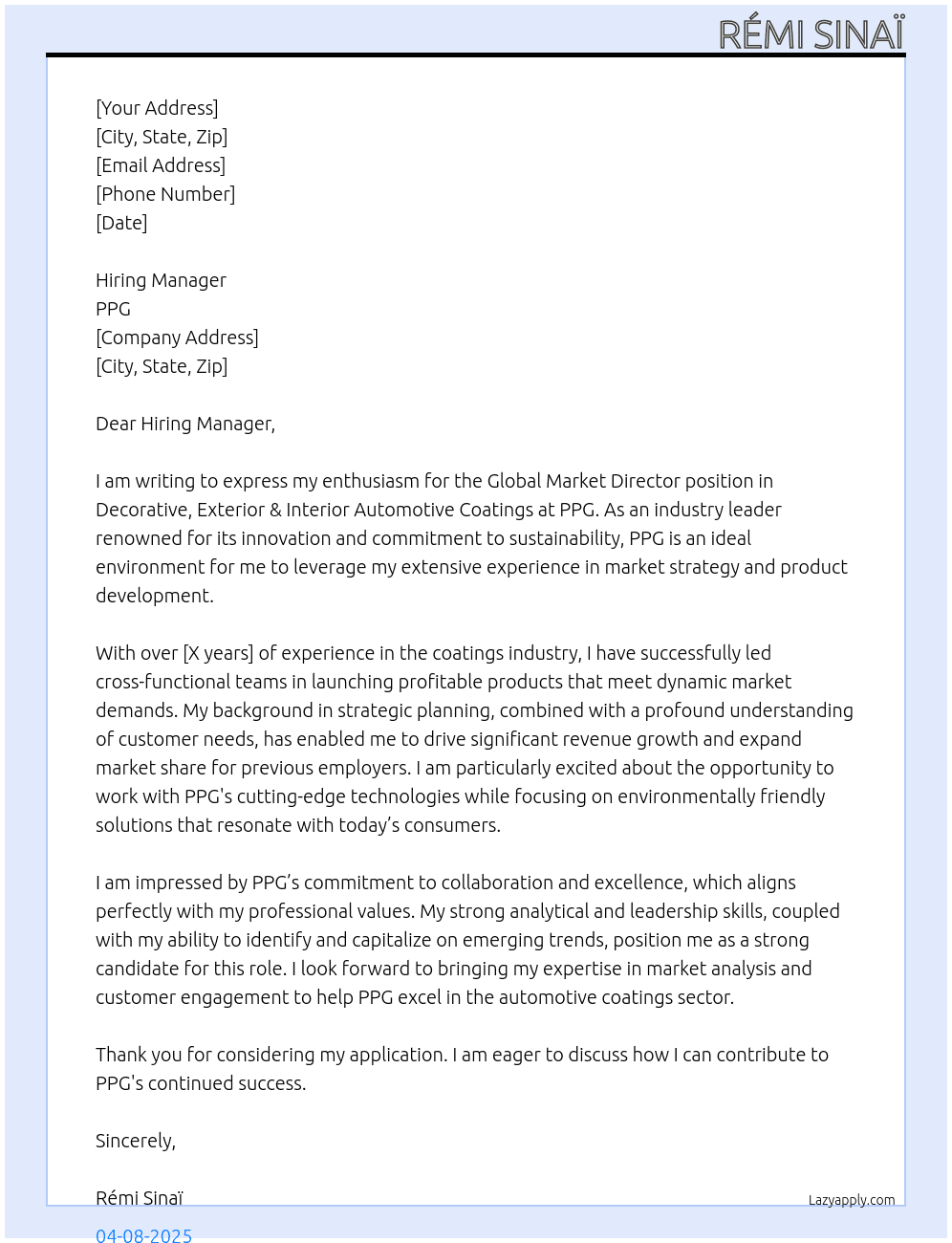 Cover letter for global market director: decorative, exterior & interior - automotive coatings - LazyApply
