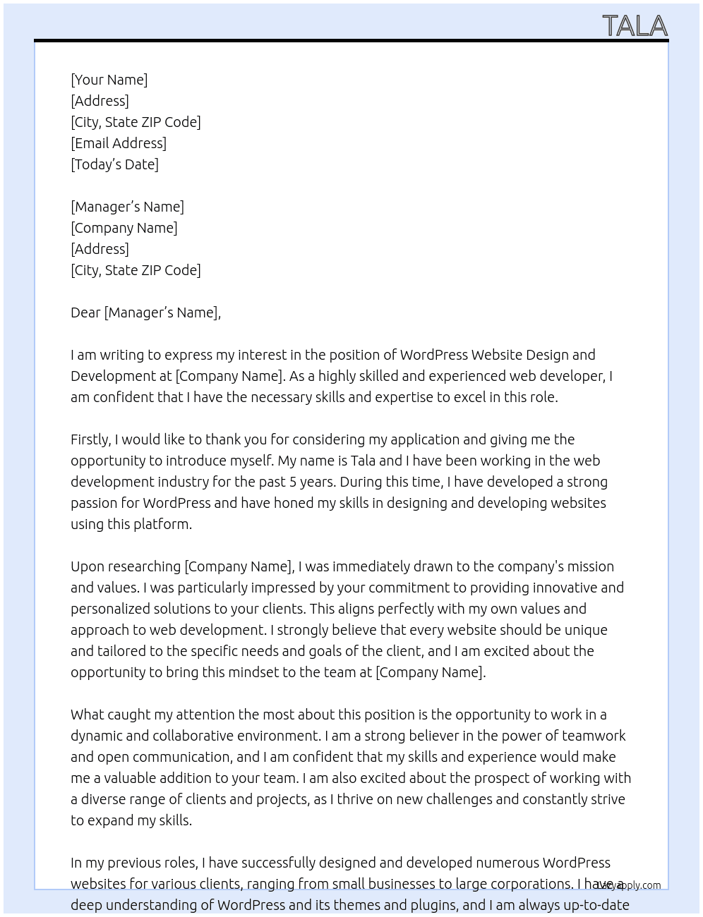WordPress website deign and deelopment At all type Cover Letter