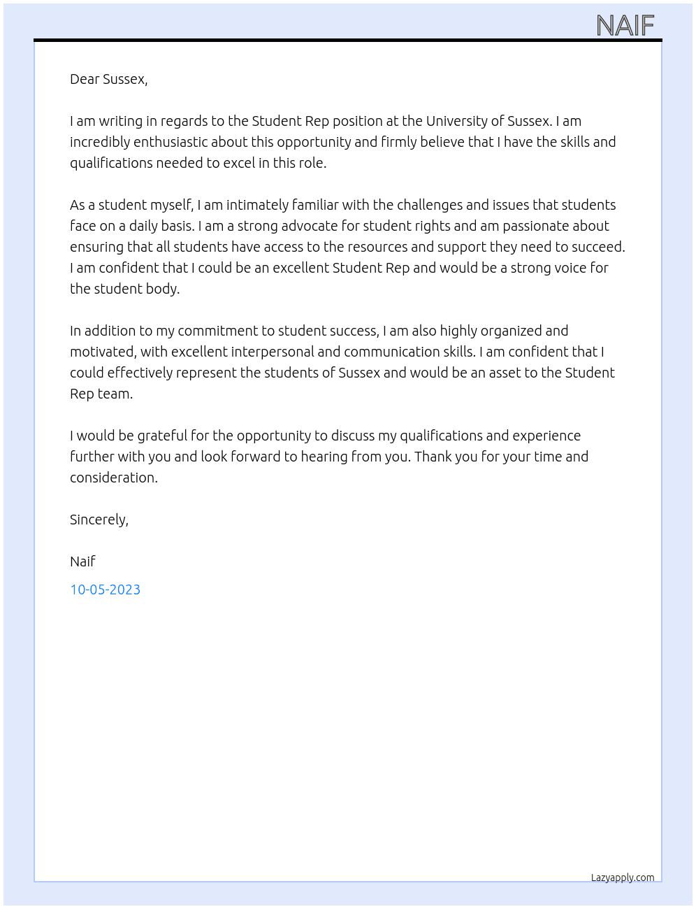 Student Rep At University of Sussex Cover Letter