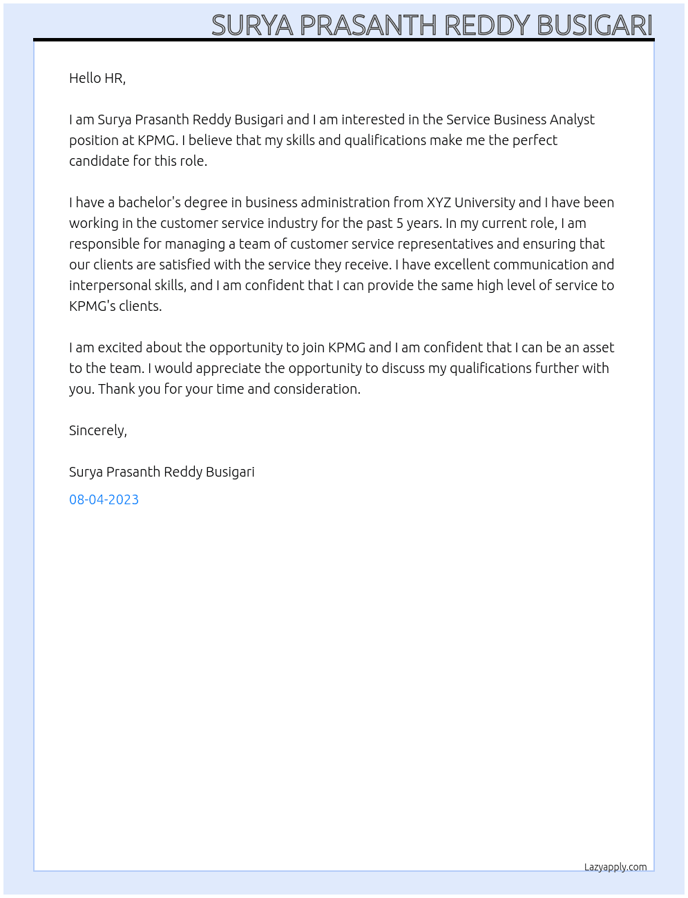 Service Business Analyst At KPMG Cover Letter