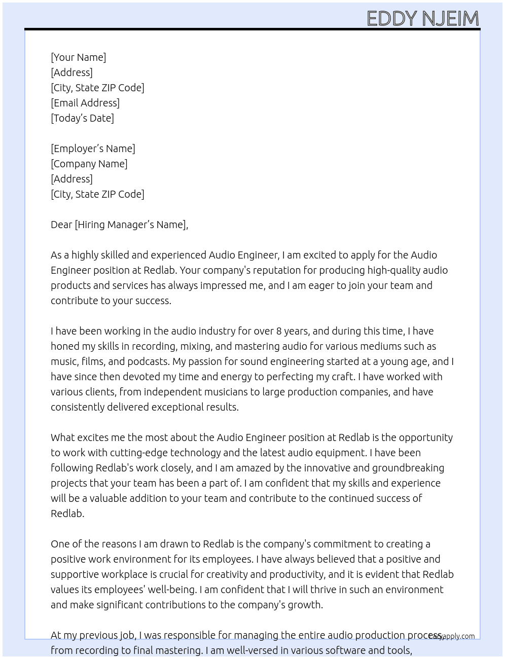Audio Engineer At Redlab Cover Letter