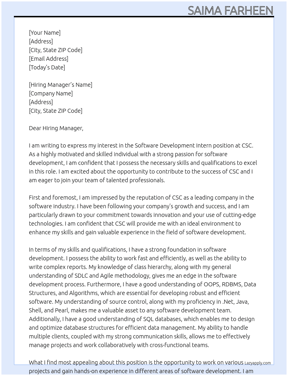 Software Development Intern At CSC  Cover Letter