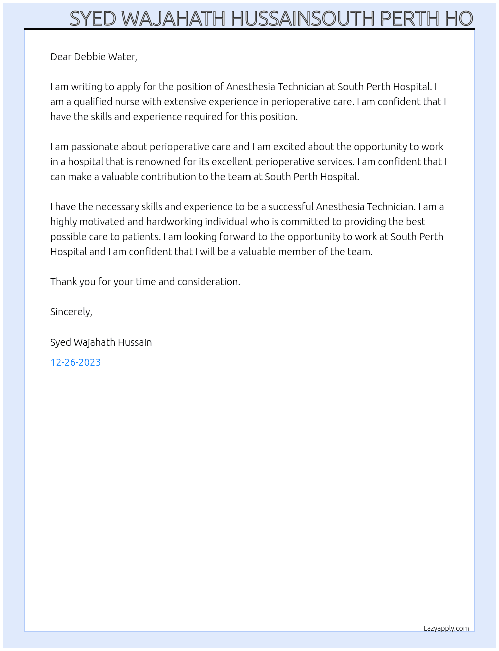 ANAESTHESIA TECHNICIAN At South Perth Hospital Cover Letter