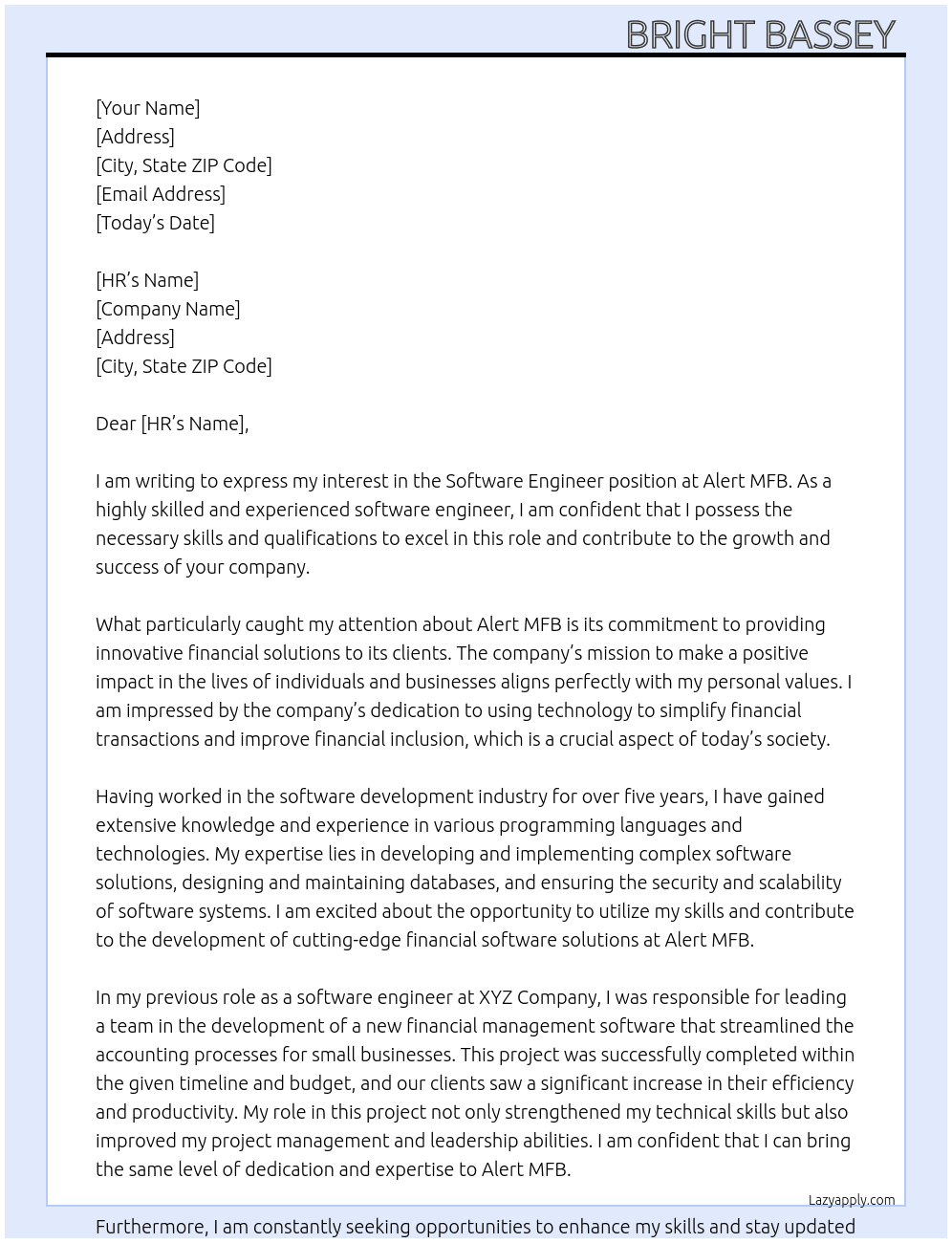 Software engineer At Alert MFB Cover Letter