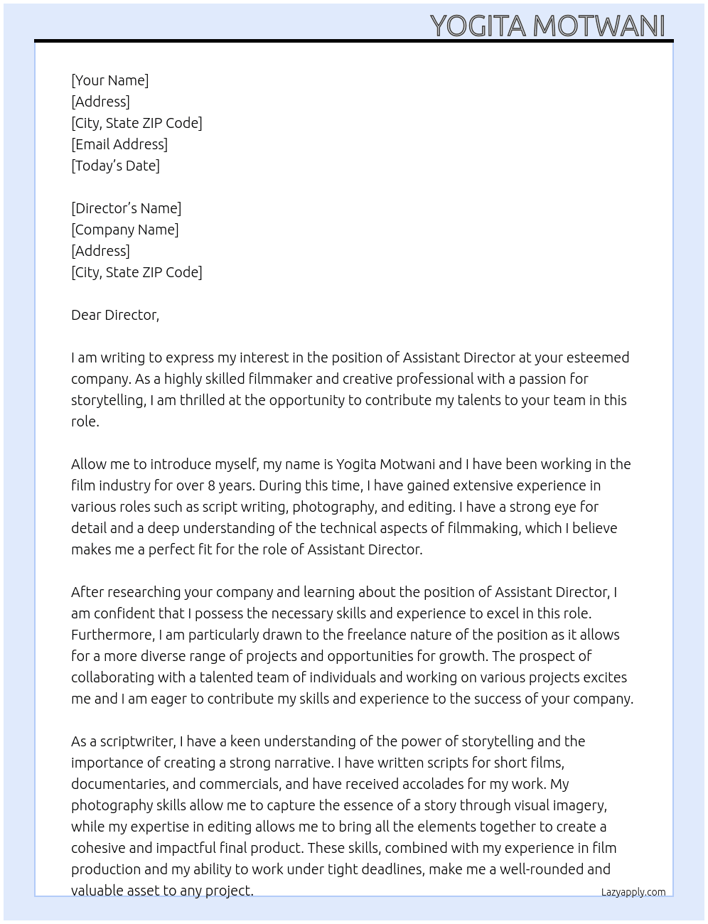 Assistant director  At Director  Cover Letter