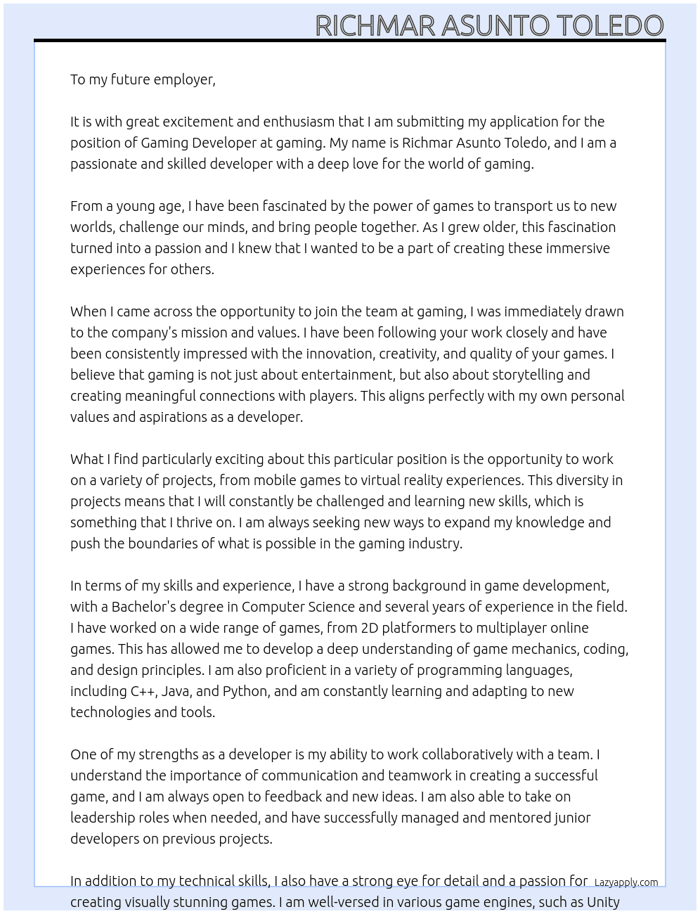 Gaming Developer At gaming Cover Letter