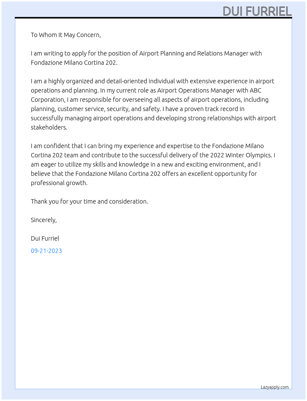 Airport Planning and Relations Manager At Fondazione Milano Cortina 202 Cover Letter