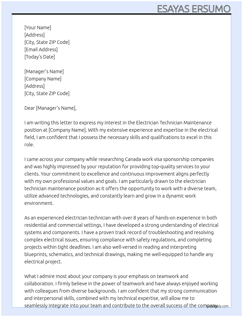 electrician technician maintenance  At canada work visa sponsorship companies   Cover Letter
