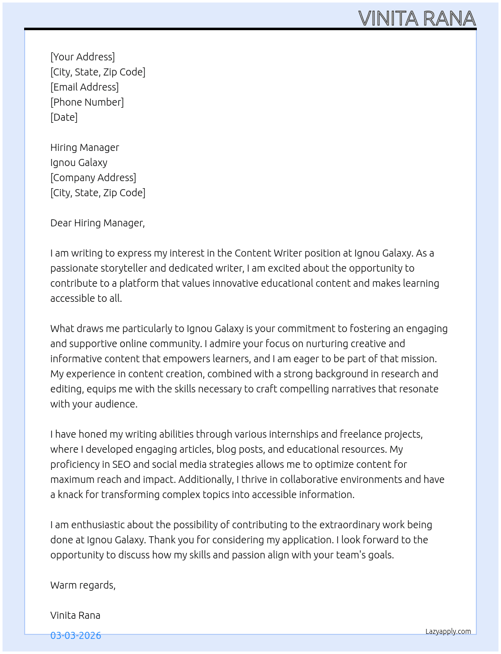 content writer At ignou galaxy Cover Letter