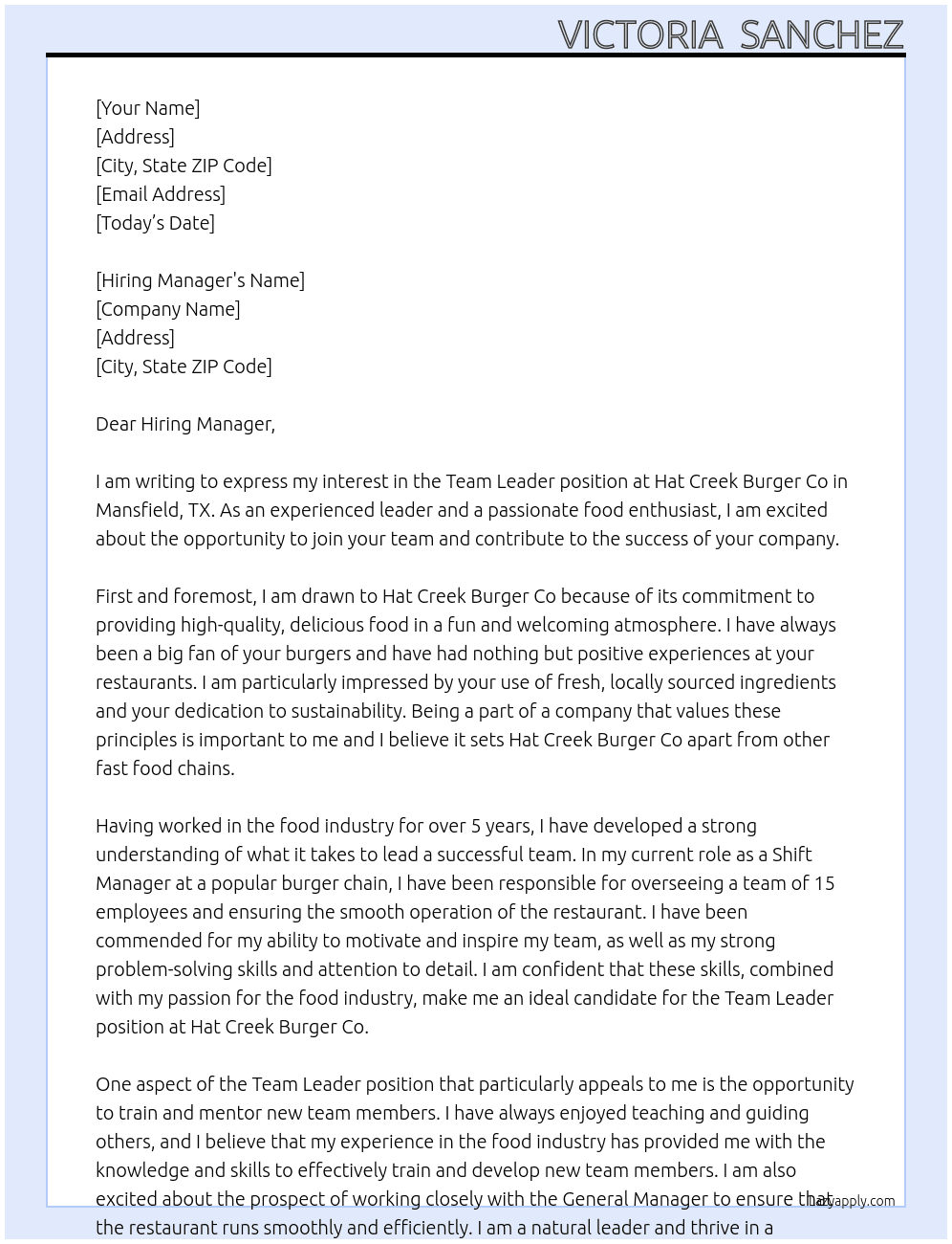 Team Leader  At Hat Creek Burger co Cover Letter