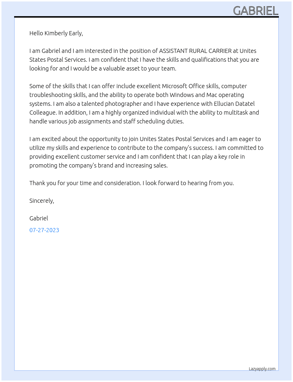 ASSISTANT RURAL CARRIER At Unites States Postal Services Cover Letter