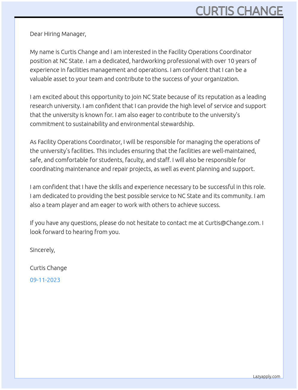 Facility Operations Coordinator  At NC State Cover Letter