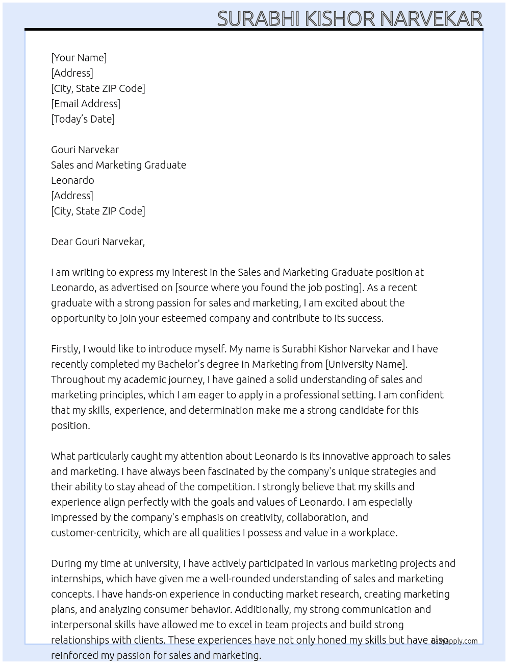 Sales and Marketing graduate At leonardo Cover Letter