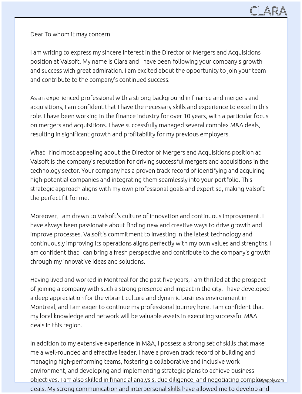 Director of Mergers and Acquisitions At Valsoft Cover Letter