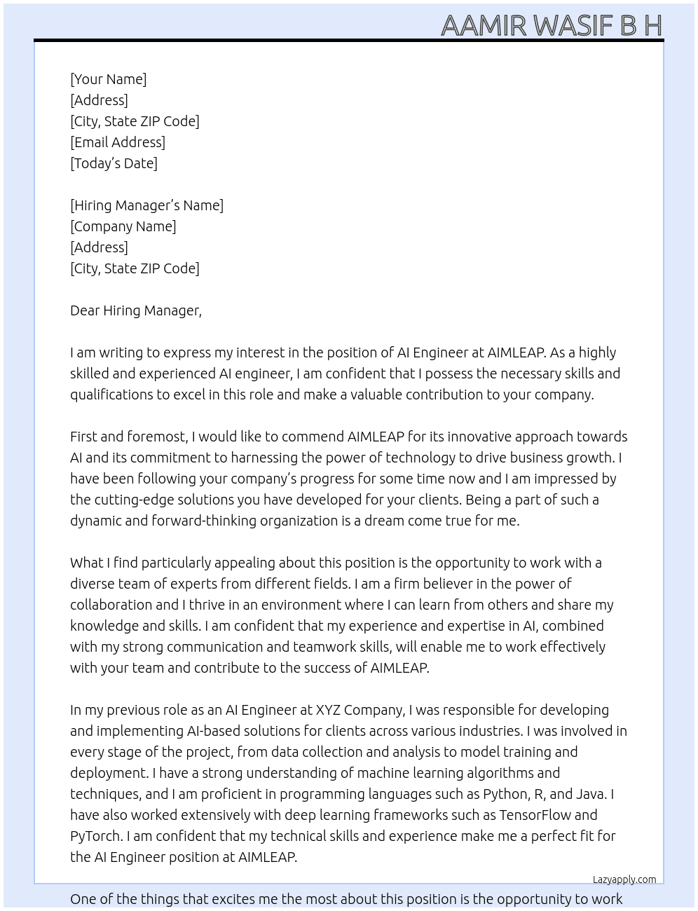 AI Engineer At AIMLEAP Cover Letter