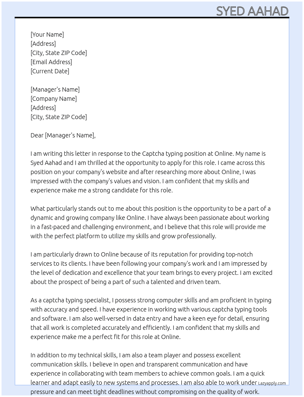 Captcha typing At Online Cover Letter