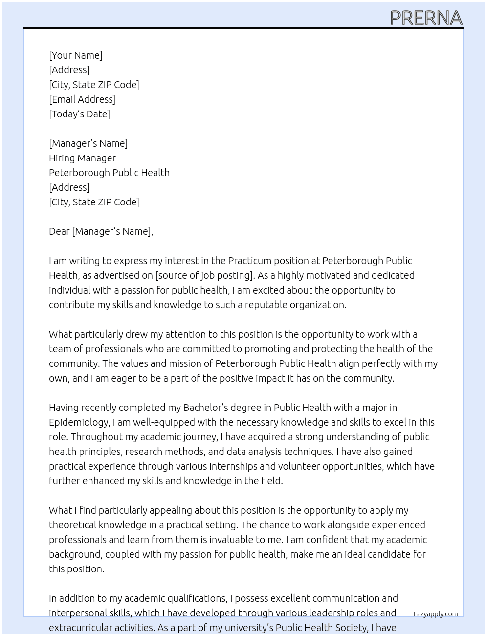 Practicum postion At Peterborough Public Helath Cover Letter
