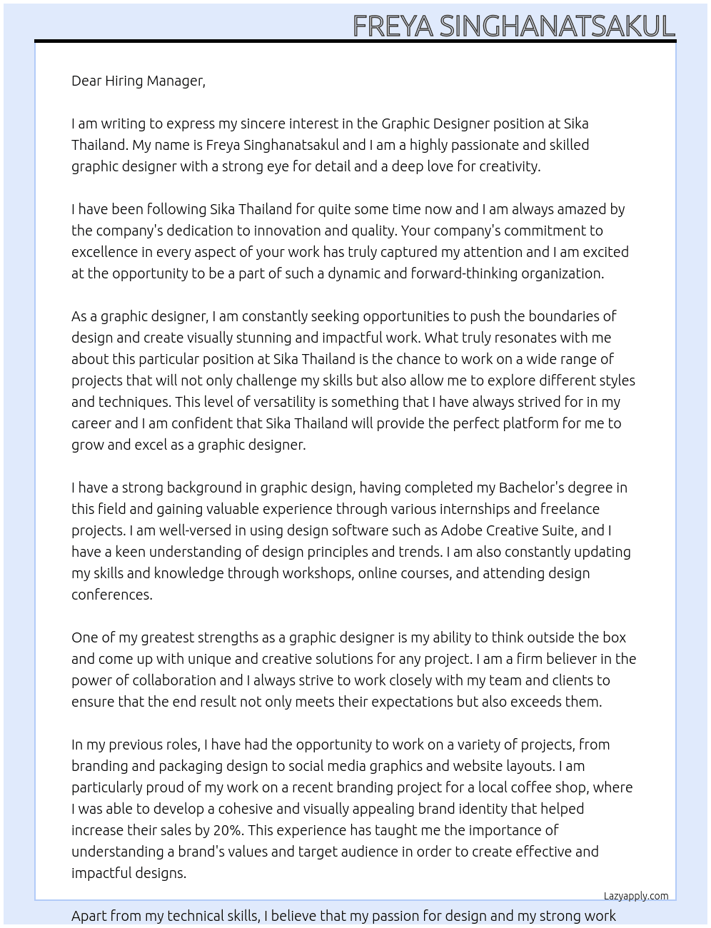 Graphic designer At Sika Thaland Cover Letter