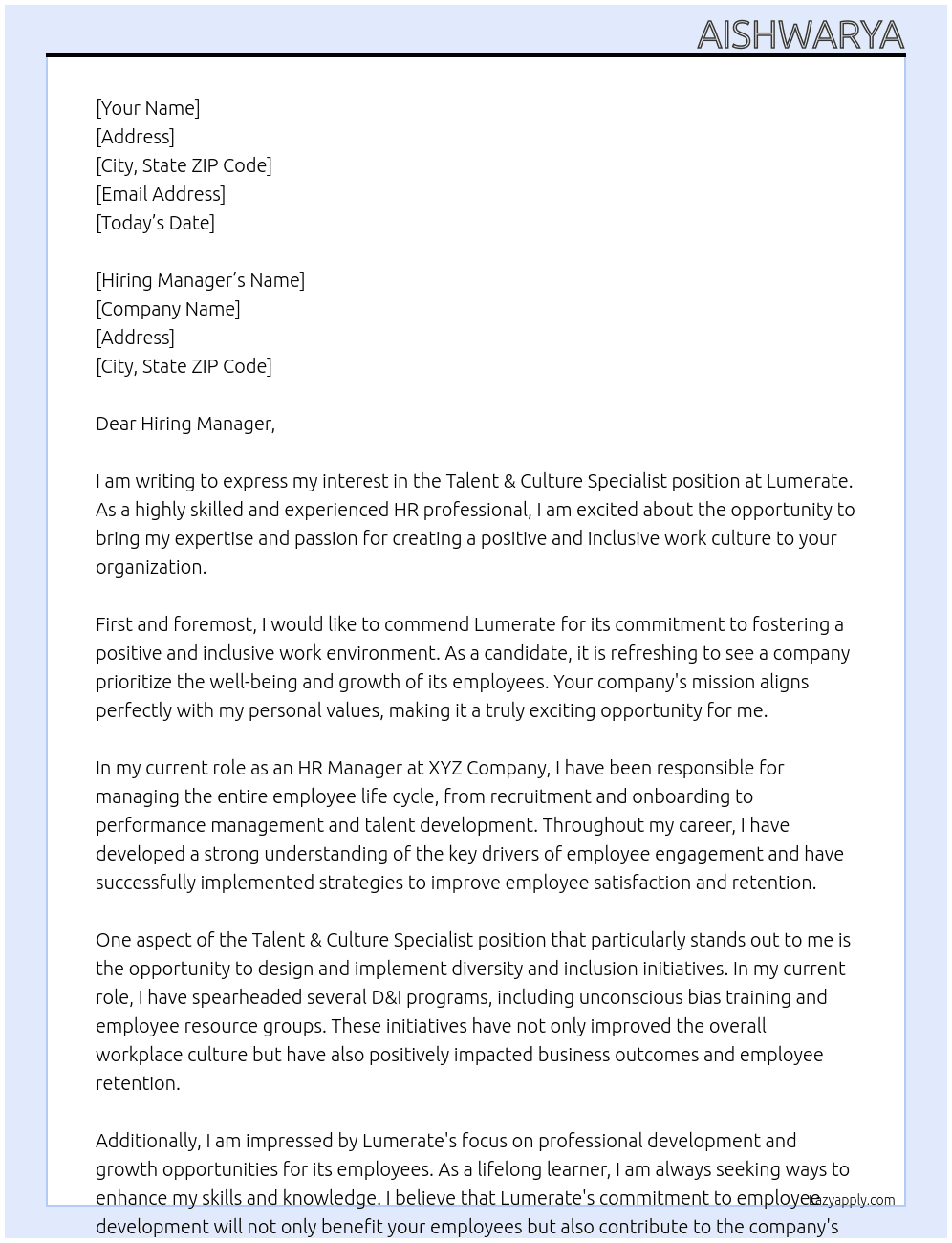 Talent & Culture Specialist At Lumerate Cover Letter