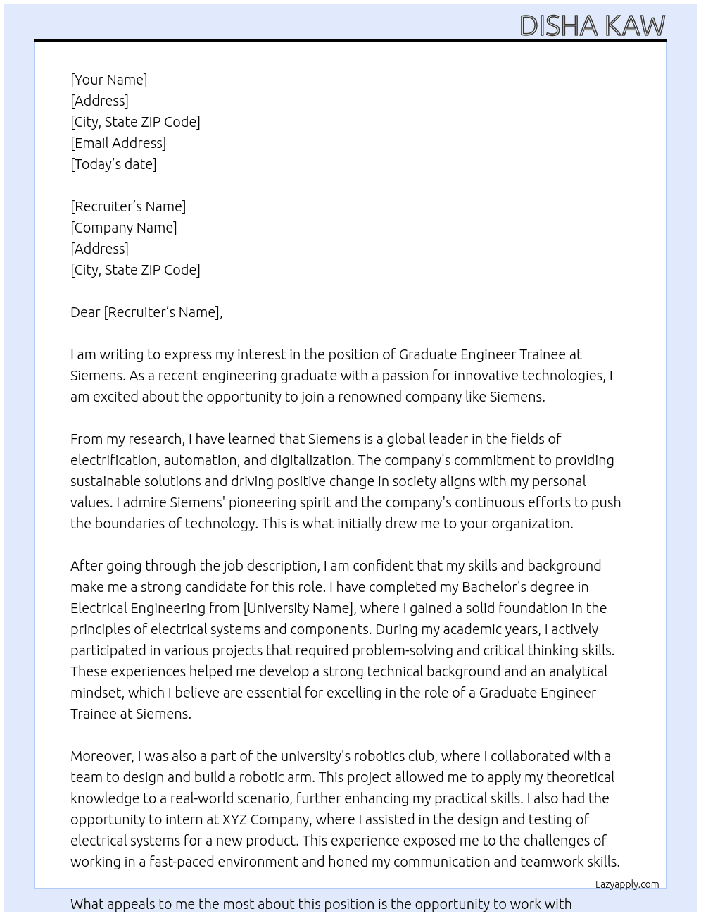 graduate enginbeer trainee At siemen Cover Letter
