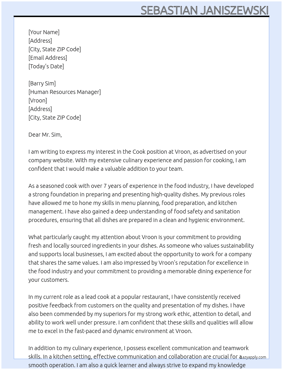 Cook At Vroon Cover Letter
