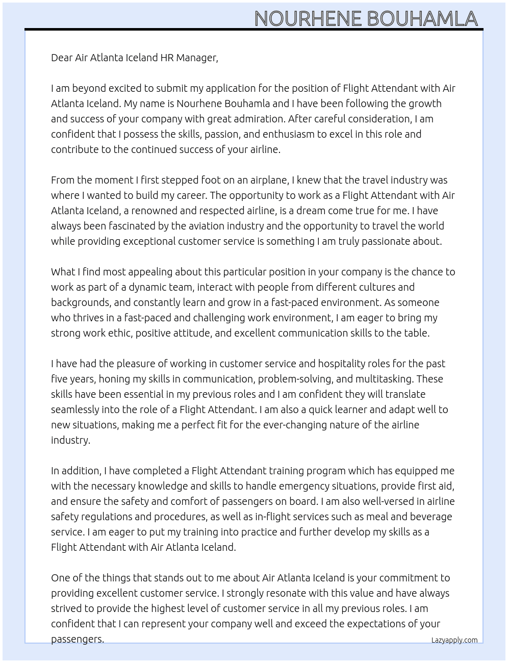 Fly attendant  At Air Atlanta Iceland Cover Letter