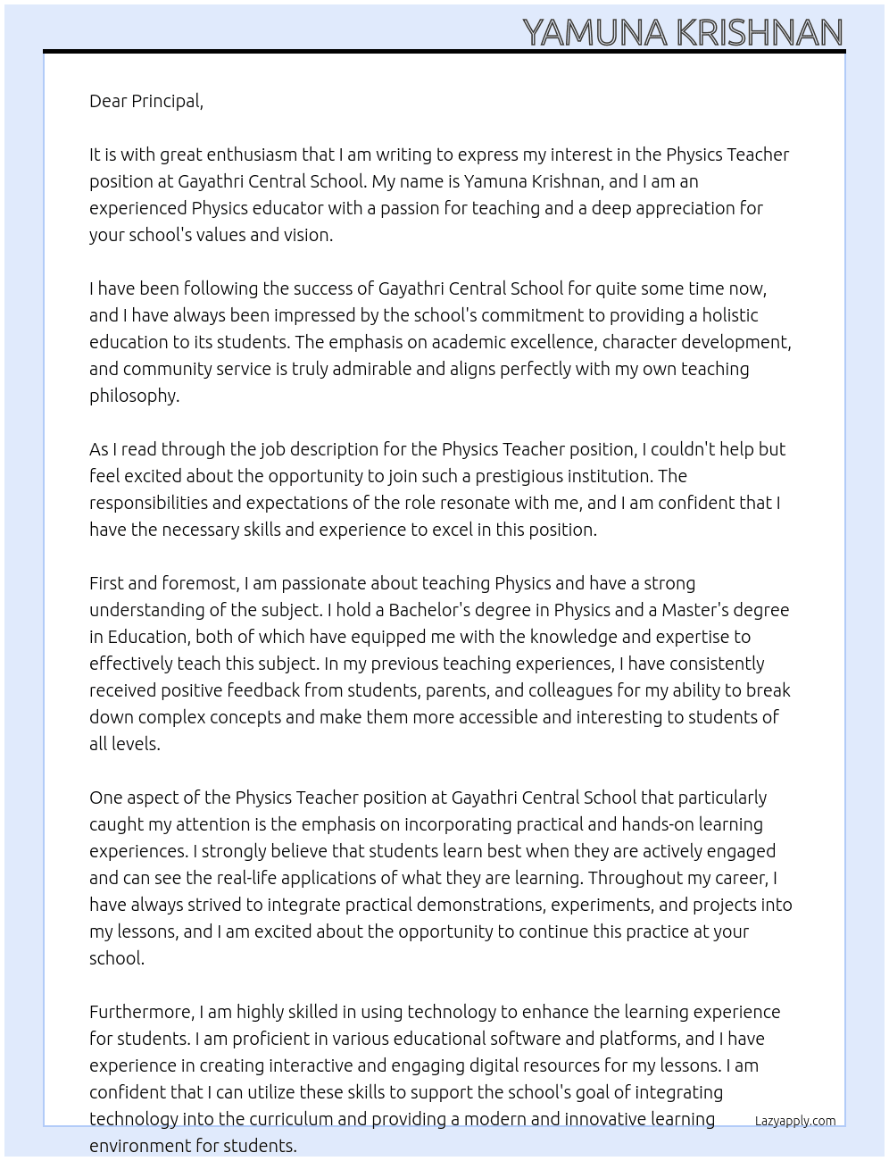 Physics Teacher At Gayathri Central School Cover Letter